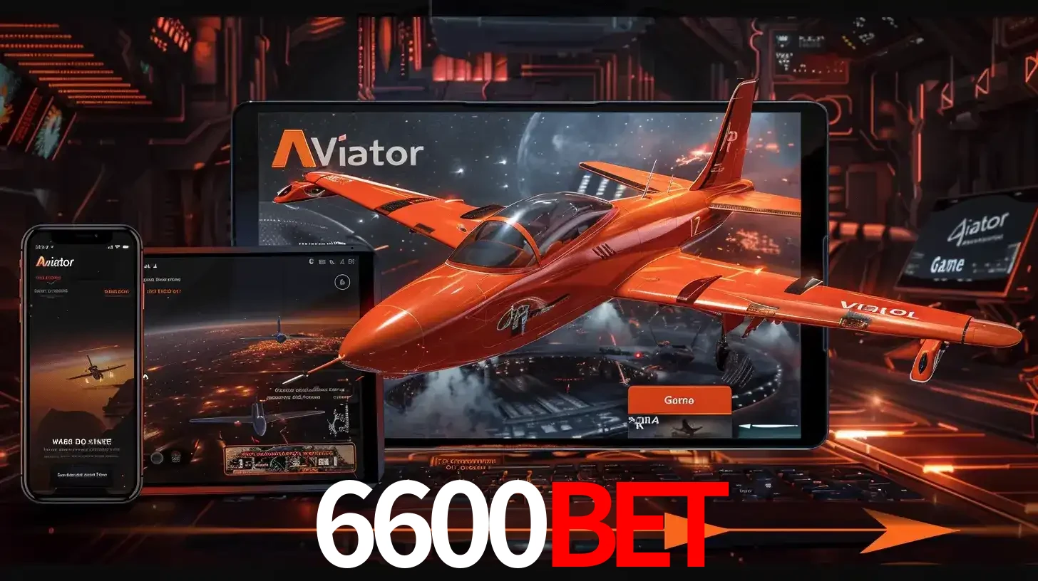 Apresentação tecnológica do jogo Aviator com um avião saindo da tela de um tablet, demonstrando a experiência imersiva em múltiplos dispositivos no 6600BET.