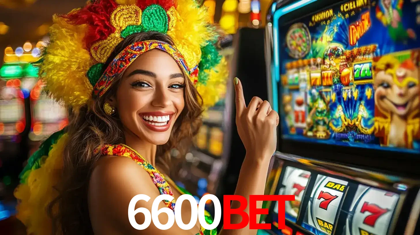 Mulher animada com um cocar de carnaval apontando para uma máquina de caça-níqueis, mostrando a emoção de ganhar um grande prêmio nos jogos do 6600BET.