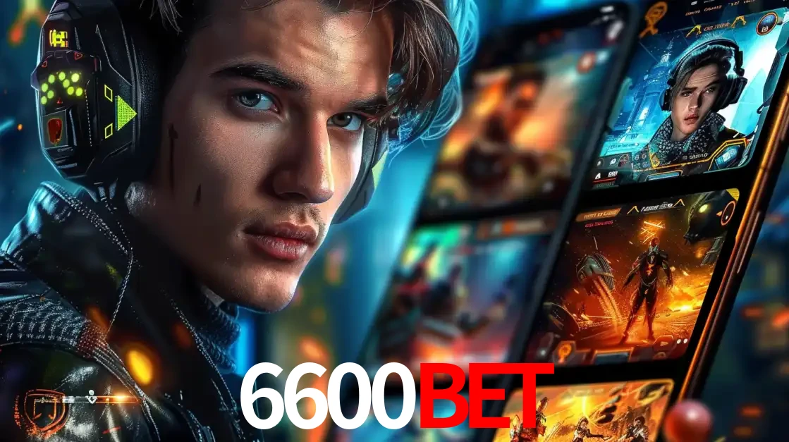 Jovem jogador com fones de ouvido olhando para a câmera, com um aplicativo de jogos e e-sports para celular ao fundo, pronto para a competição e apostas no 6600BET.