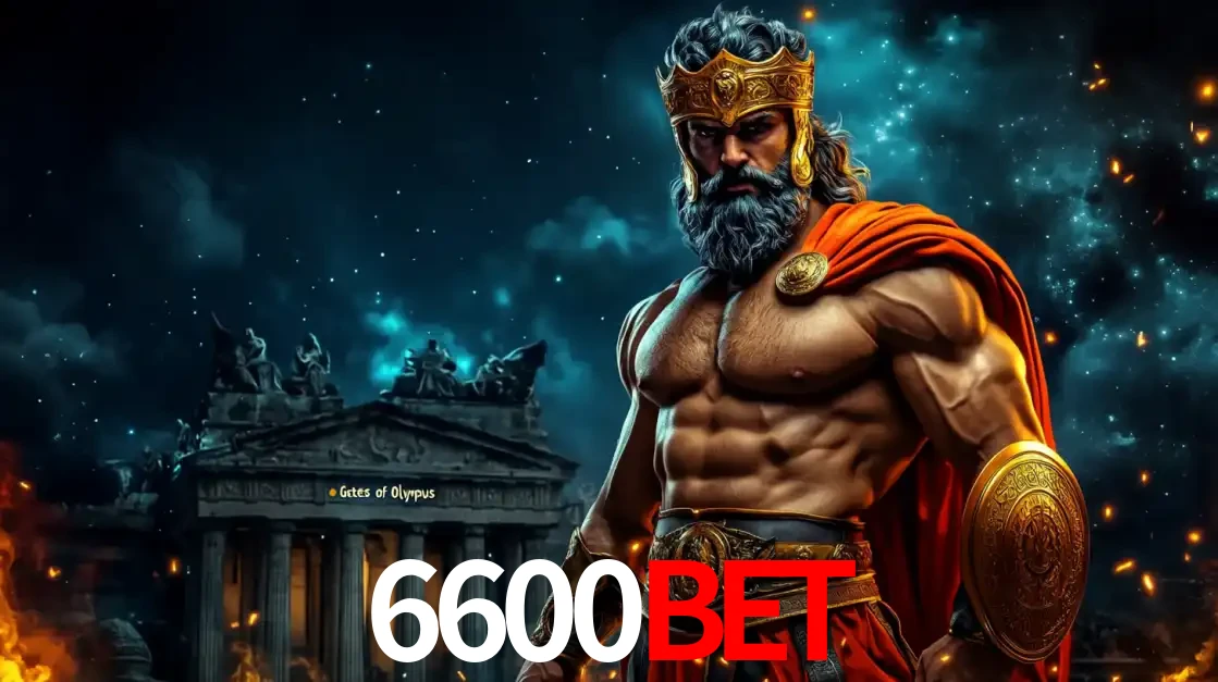 O poderoso Zeus do jogo de slot Gates of Olympus em frente ao seu templo, pronto para lançar multiplicadores divinos e prêmios épicos no cassino online 6600BET.