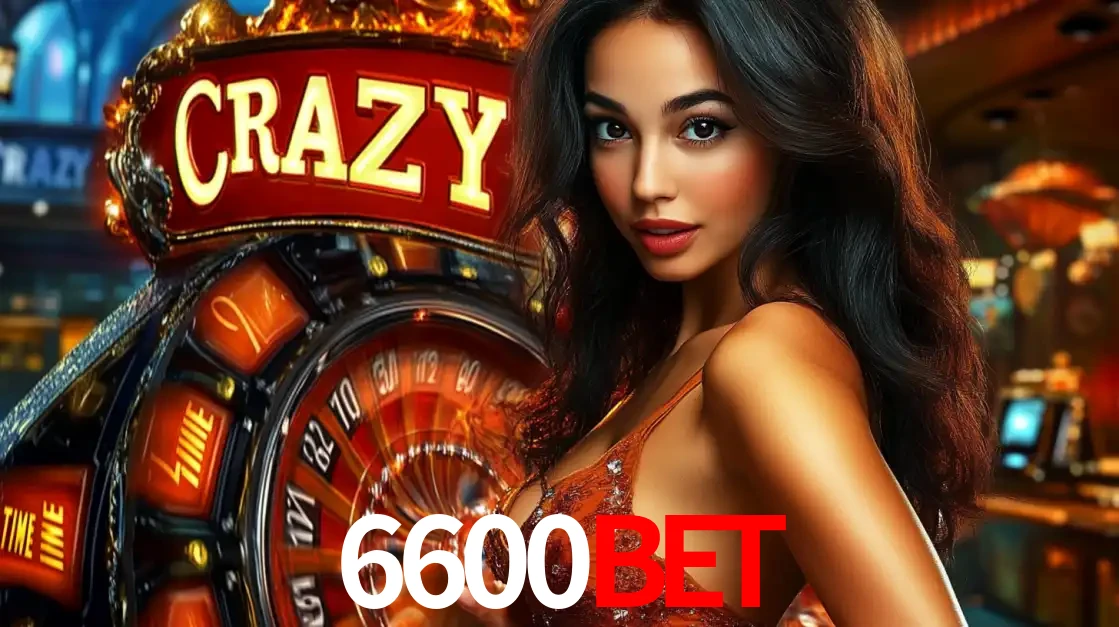 Mulher glamourosa olhando para a câmera com a roda vermelha do Crazy Time ao fundo em um ambiente de cassino, destacando a emoção dos jogos ao vivo no 6600BET.