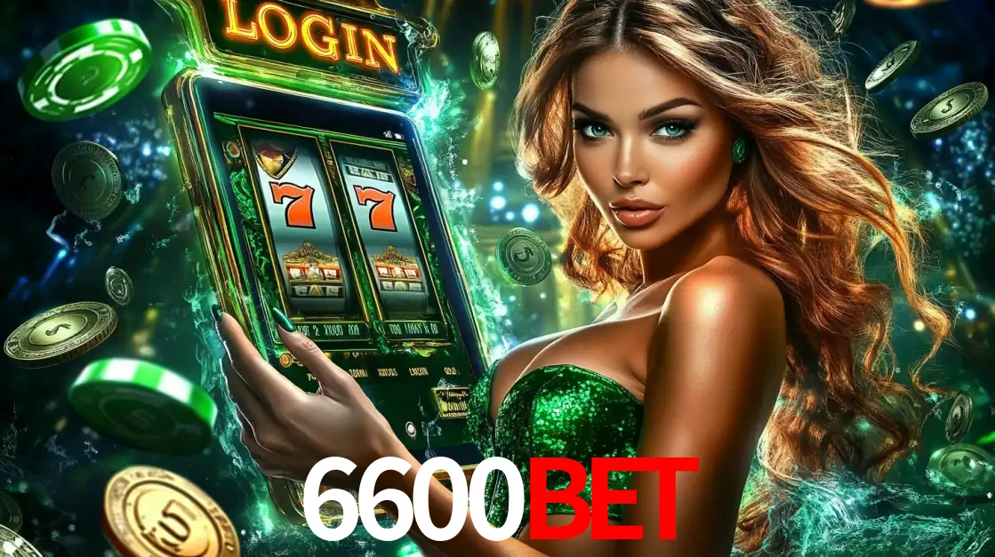 Mulher com tema verde apresentando o aplicativo do cassino 6600BET com um jogo de slot de 777, cercada por fichas de cassino e uma aura de sorte.