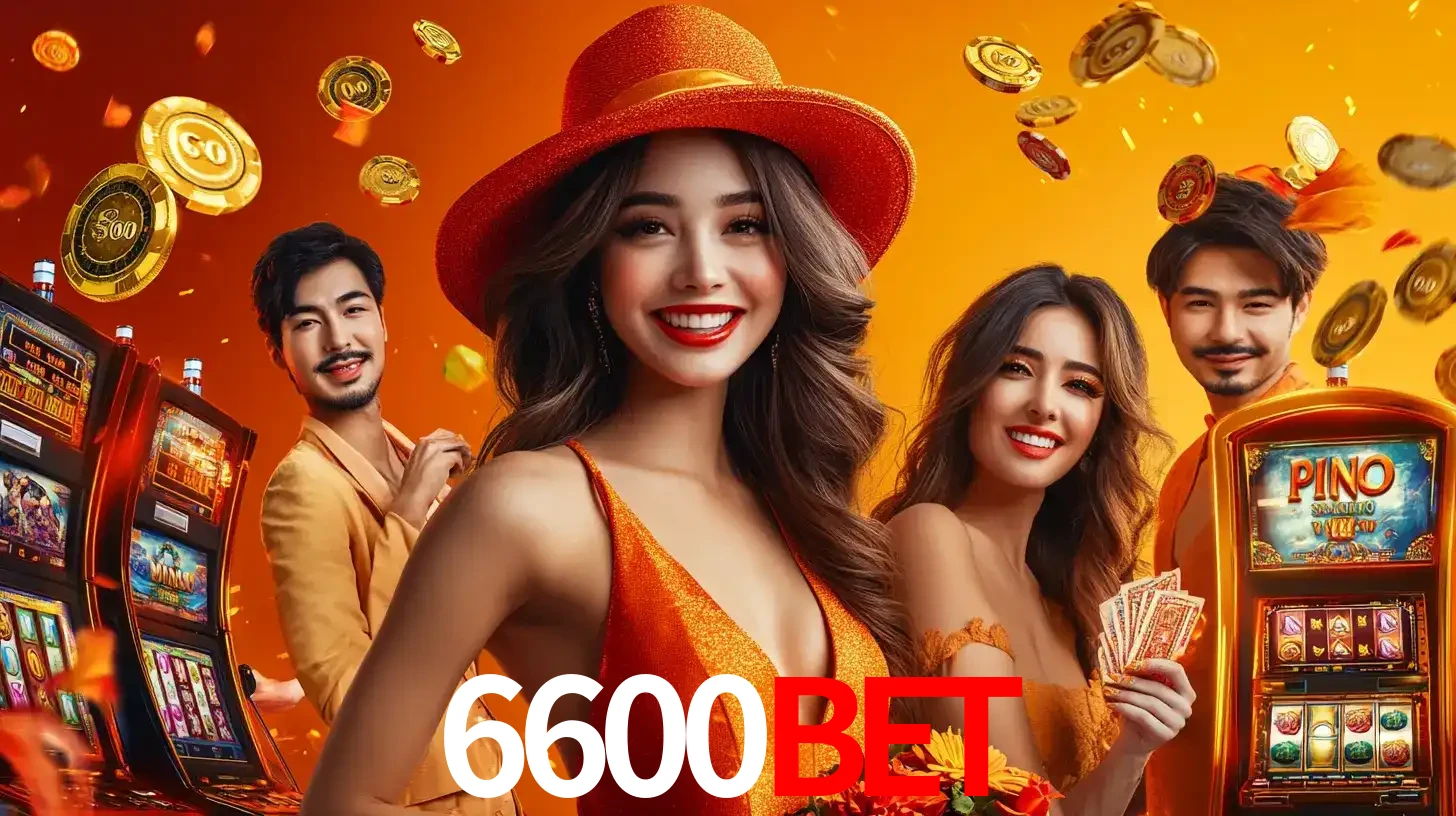 Grupo de amigos asiáticos sorrindo e se divertindo com máquinas de caça-níqueis em um ambiente festivo, celebrando suas vitórias nos jogos de cassino do 6600BET.
