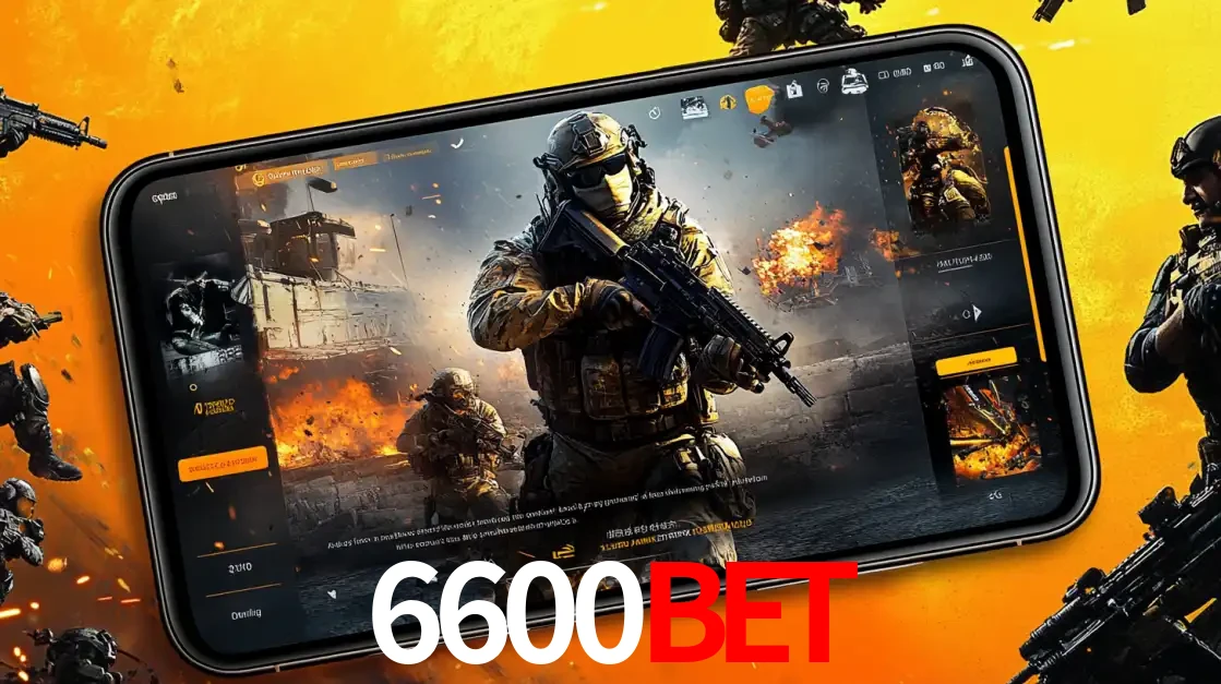 Um smartphone exibindo a interface de um jogo de tiro em primeira pessoa, com um soldado em um cenário de batalha, representando a ação dos e-sports para apostar no 6600BET.