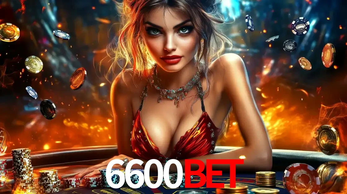 Mulher em uma mesa de cassino com pilhas de fichas e um fundo de fogo, pronta para uma rodada de altas apostas nos jogos de mesa emocionantes do cassino 6600BET.