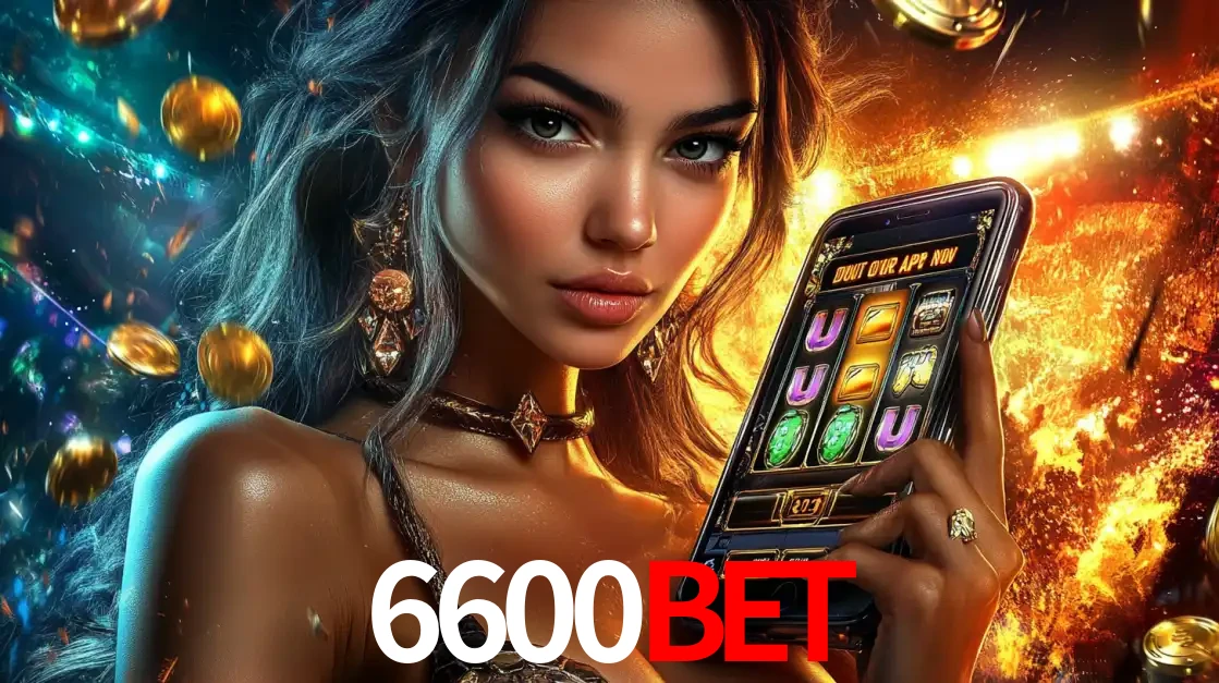 Mulher elegante mostrando um jogo de caça-níqueis em seu smartphone, destacando a experiência de cassino móvel oferecida pelo aplicativo 6600BET.