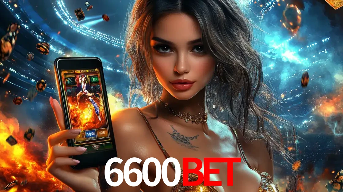 Mulher segurando um celular com um jogo de slot em destaque, tendo como fundo um estádio vibrante, simbolizando a emoção de jogar no cassino móvel 6600BET.
